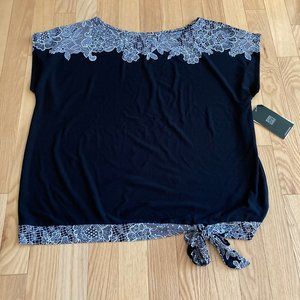 Clara Sun Woo Black Lace Trim Print Blouse - Size L